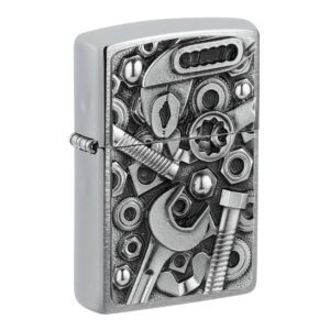 Oriģinālās Zippo šķiltavas ar 3D skrūvju un instrumentu emblēmu un vēja aizsardzību
