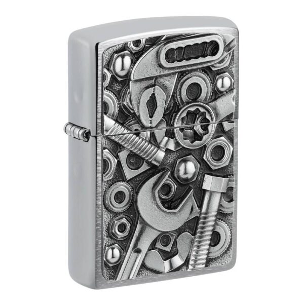 Oriģinālās Zippo šķiltavas ar 3D skrūvju un instrumentu emblēmu un vēja aizsardzību Oriģinālās Zippo šķiltavas ar 3D skrūvju un instrumentu emblēmu un vēja aizsardzību