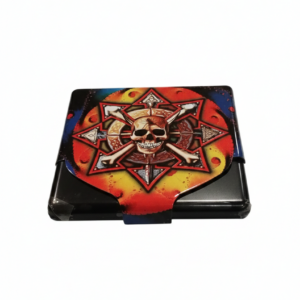Kvadrātveida metāla cigarešu etvija Haosfēra ar haosa simbola gravējumu 90x90x12 mm