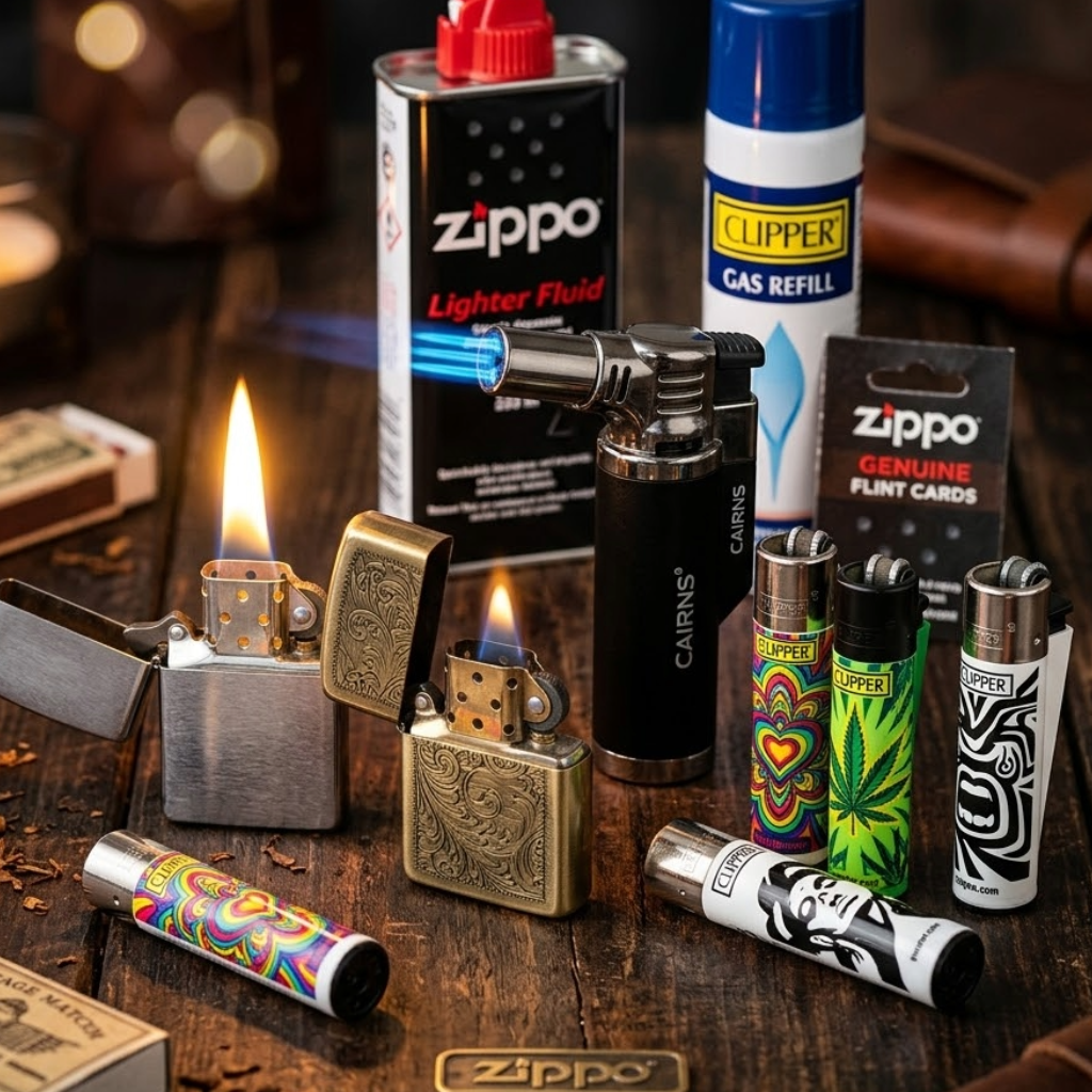 Oriģinālas šķiltavas (Zippo, Clipper, Jet) un uzpildes piederumi – degviela, gāze un krami