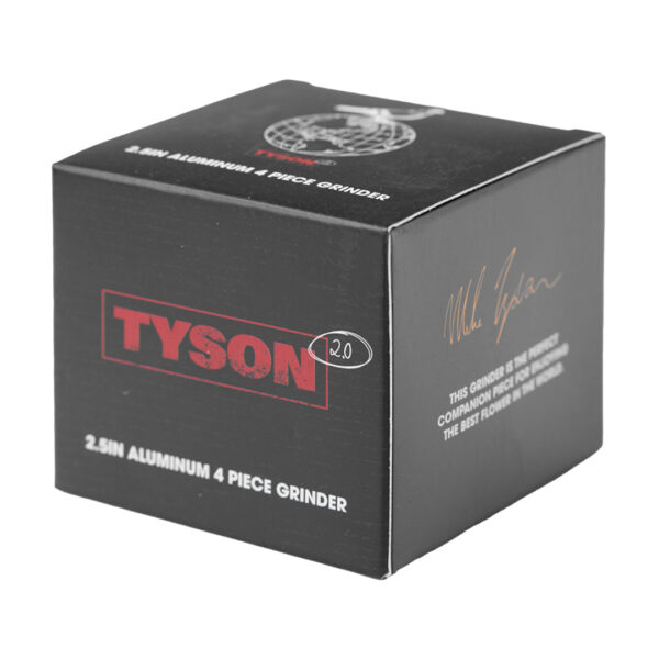 Oriģinālā melnā Tyson 2.0 metāla smalcinātāja iepakojuma kaste ar Maika Taisona (Mike Tyson) paraksta dizainu
