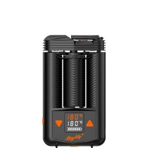 Mighty+ Storz & Bickel Vaporizer no priekšas ar spilgtu digitālo ekrānu un temperatūras rādījumiem.