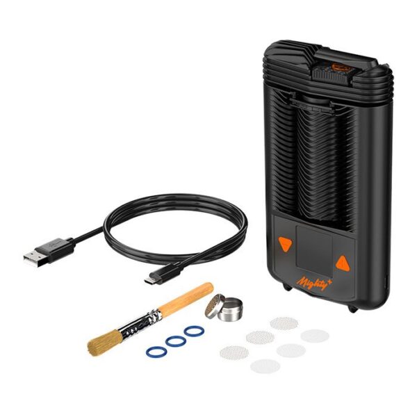 Pilns Mighty+ vaporizatori komplekts ar visiem piederumiem.