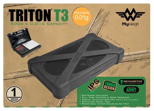 My Weigh Triton T3 elektronisko svaru (400g x 0.01g) oriģinālais kartona iepakojums, kurā norādītas galvenās specifikācijas, 3 gadu garantija un triecienizturīgā korpusa īpašības