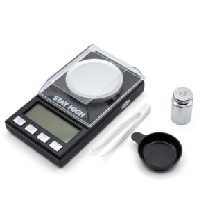 Digitālie miligramu svari Stay High 0.001g - 50g ar 50g kalibrēšanas atsvaru, pinceti un svēršanas trauciņu | Bongi.lv