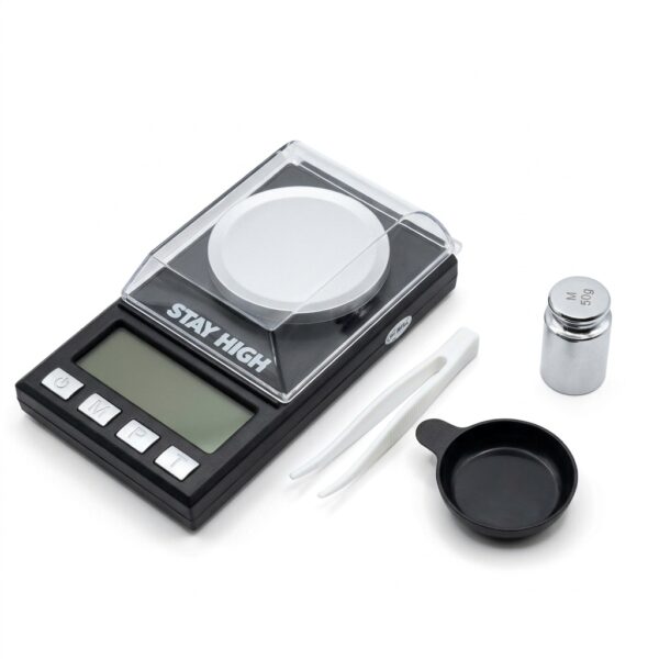 Digitālie miligramu svari Stay High 0.001g - 50g ar 50g kalibrēšanas atsvaru, pinceti un svēršanas trauciņu | Bongi.lv
