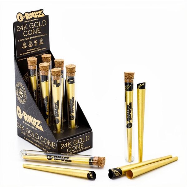 G-Rollz 24K Gold Cone ekspozīcijas G-Rollz 24K Gold Cone ekspozīcijas kastīte ar stikla mēģenēm vairumā | Bongi.lv